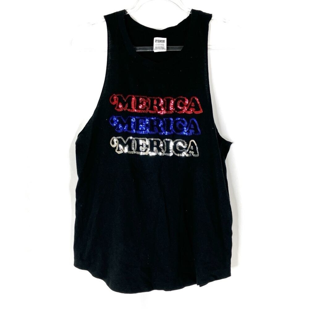 PINK Victoria's Secret Black America Patriotic Sequin Tank Top Womens Small
